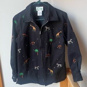 Quacker Factory Safari Animal Zoo Embroidered Cotton Zip Jacket Shacket Small